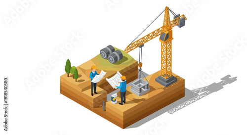 Construction site with crane and workers planning project.