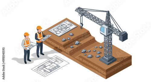 Construction Site with Crane and Workers Reviewing Blueprints.