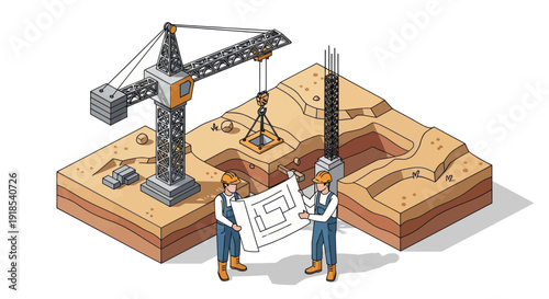 Construction site with engineers reviewing blueprints and crane lifting materials.