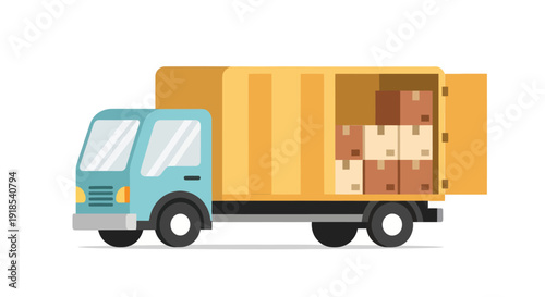 Delivery Truck with Open Cargo Bay Full of Boxes.