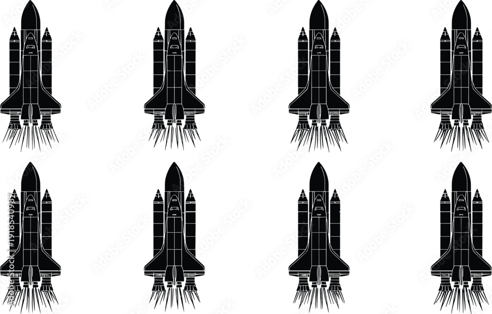 Fototapeta premium Space shuttle rocket launch silhouettes, spacecraft collection illustration, astronaut exploration vector set, spaceship ignition flames, black aerospace design icons pack