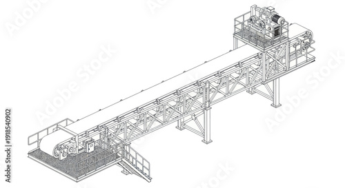 Detailed isometric line drawing of a long industrial conveyor belt system.