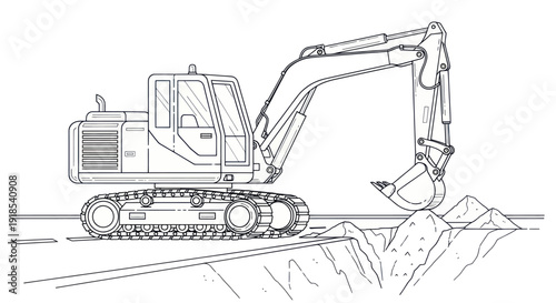 Detailed Line Drawing of an Excavator Digging a Trench.