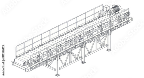 Detailed technical drawing of a long industrial conveyor belt system.