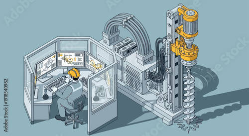 Engineer operating advanced drilling rig from control room.