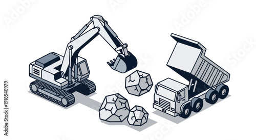 Excavator loading rocks into a dump truck isometric illustration.