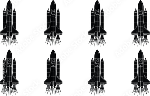 Space shuttle rocket launch silhouettes, spacecraft collection illustration, astronaut exploration vector set, spaceship ignition flames, black aerospace design icons pack
