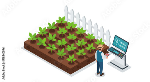 Farmer monitoring smart farm with automated system for plant growth.