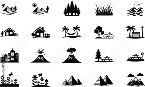 Assortment of black silhouette icons depicts various outdoor scenes, geographical features, and structures against a white.