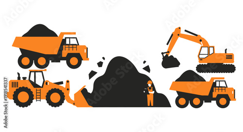 Heavy machinery and worker at a mining site.