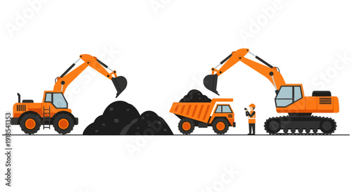 Heavy machinery at a coal mine site with workers.