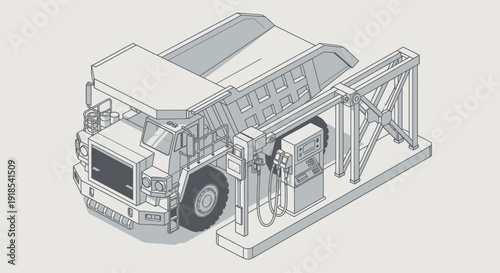Heavy-duty dump truck being refueled at an industrial fuel station.