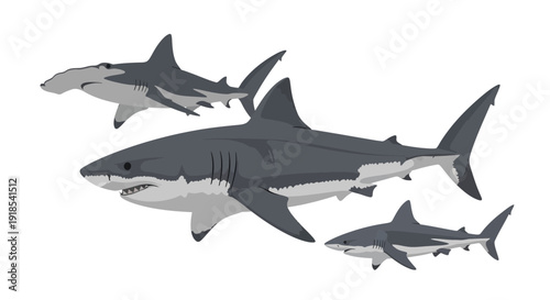 Illustration of a pod of sharks swimming together in the ocean from a side viewpoint