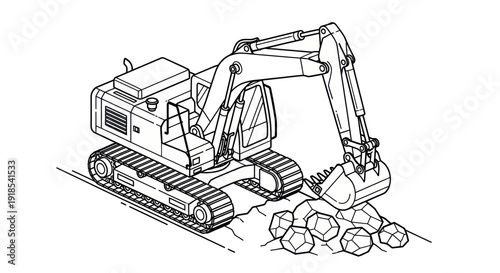 Heavy-duty excavator digging rocks on a construction site.
