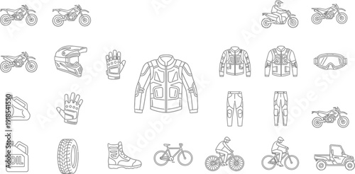 Outline icons display various motocross gear, protective apparel, bicycles, and related service items arranged neatly on a white.