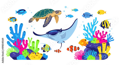 Vibrant underwater scene with marine life, turtle, fish, coral, and stingray in colorful ocean illustration from a top-down viewpoint