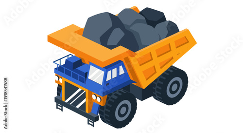 Heavy-duty mining dump truck loaded with coal isometric illustration.