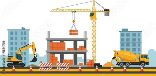 Construction site featuring a tower crane, excavator, and cement mixer building a structure in an urban setting.