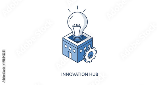 Innovation Hub Building with Lightbulb and Gear Symbolizing Ideas and Progress.