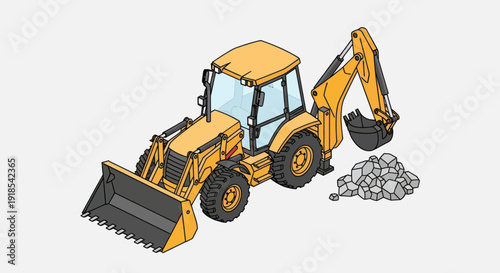 Isometric Backhoe Loader Digging Pile of Rocks Construction Vehicle.