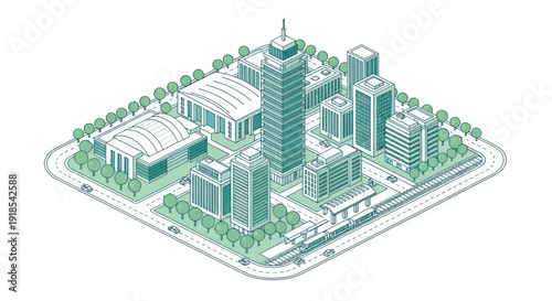 Isometric Cityscape with Modern Buildings and Green Spaces.