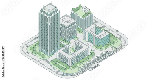 Isometric Cityscape with Modern Buildings and Green Spaces.