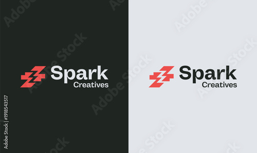 Modern Spark Creatives logo mockup featuring red lightning bolt icon on dark green and light gray backgrounds.