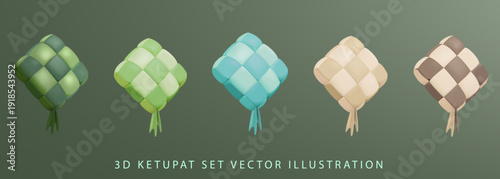 3D Colorful Ketupat Ramadan Decoration Set Green Islamic Vector Illustration. 3D Eid Ornament Collection