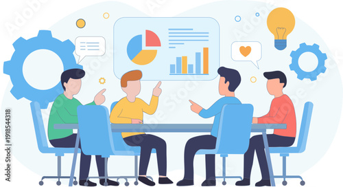 Business team meeting and collaborating in a modern office. Vector illustration of coworkers discussing data on a presentation board with gears and lightbulb icons for teamwork and idea concept