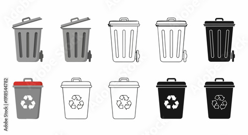 Trash & Recycling Bin Icon Set – Garbage Can Vector Collection