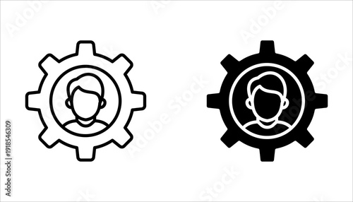 Set of account gear icons, vector symbols representing support staff roles, technical expertise, or user account settings. Illustrations on a white background.