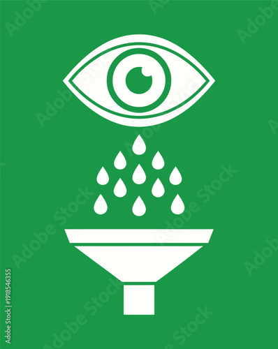 A white eye with drops falling into a funnel on a green background, symbolizing data processing, information filtering, and analytical observation.