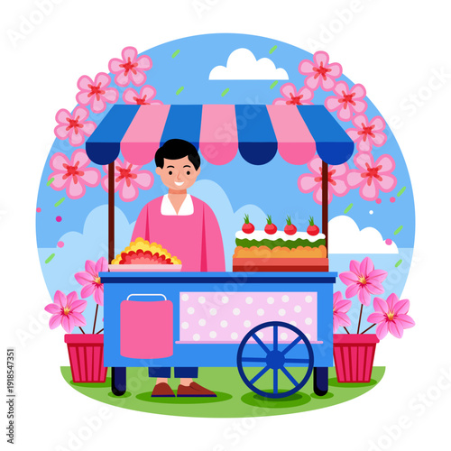 A flat style illustration of a food stall