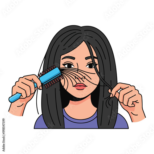 A woman detangling her long black hair with a blue comb