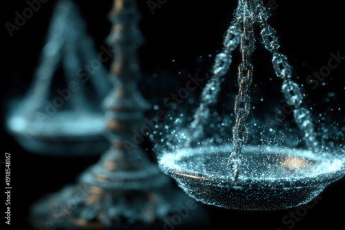 A futuristic interpretation of the scales of justice, rendered as shimmering light particles against a dark background. 