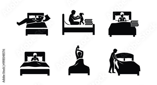 Set of icons illustrating various common daily activities performed in and around a bed setting