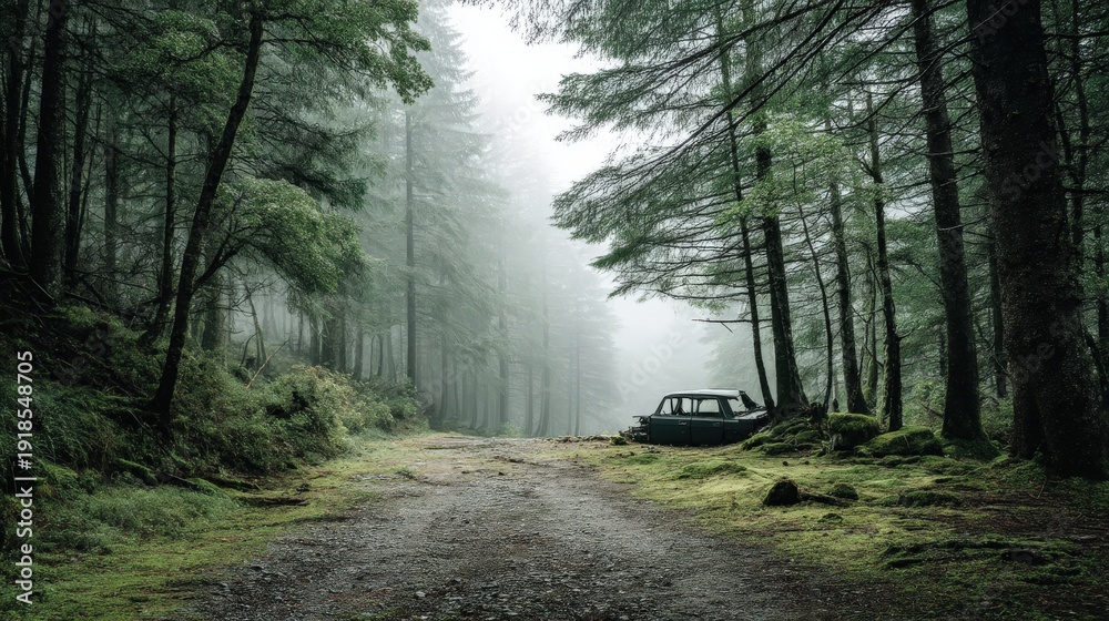 Obraz premium An abandoned car rests peacefully among tall trees in a tranquil, misty forest landscape, shrouded in atmospheric fog, creating a sense of mystery and solitude.