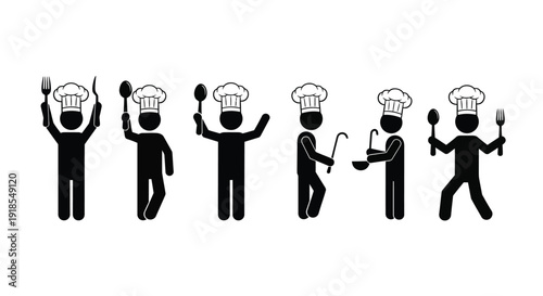 Set of six stick figure chefs wearing toques holding various cooking utensils in celebration