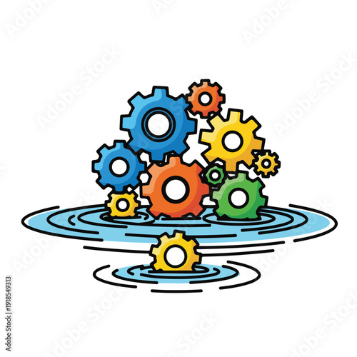 Colorful gears floating on water