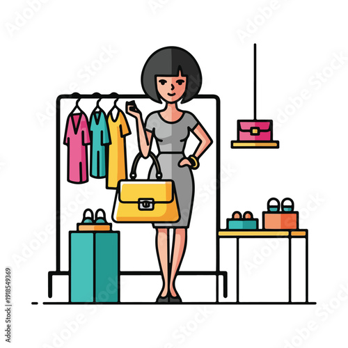 A woman holding a handbag standing near clothing rack