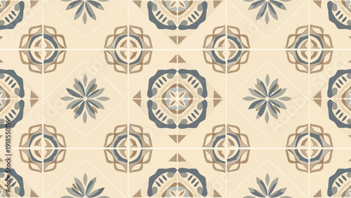 Cream and Blue Moroccan Tile Pattern, Seamless Geometric Background