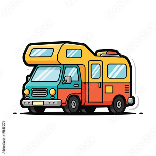 Colorful cartoon camper van with large windshield