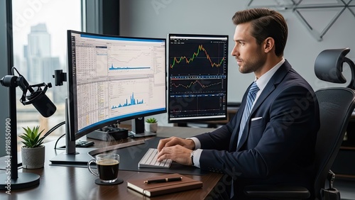 Focused financier analyzing market data on multiple monitors in modern office setting, professional, serious, financial strategy, sharp focus.