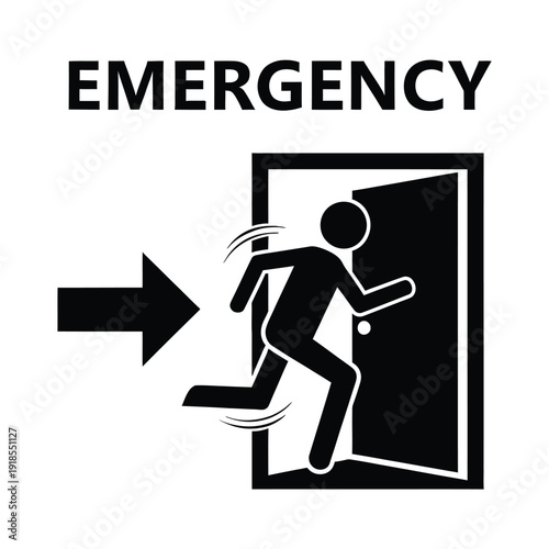Black and white emergency exit sign with a running stick figure and an arrow pointing towards an open door, indicating an escape route.