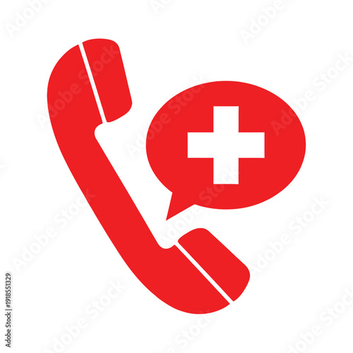 Red telephone receiver icon with a white medical cross in a speech bubble, symbolizing emergency health contact or a medical hotline.