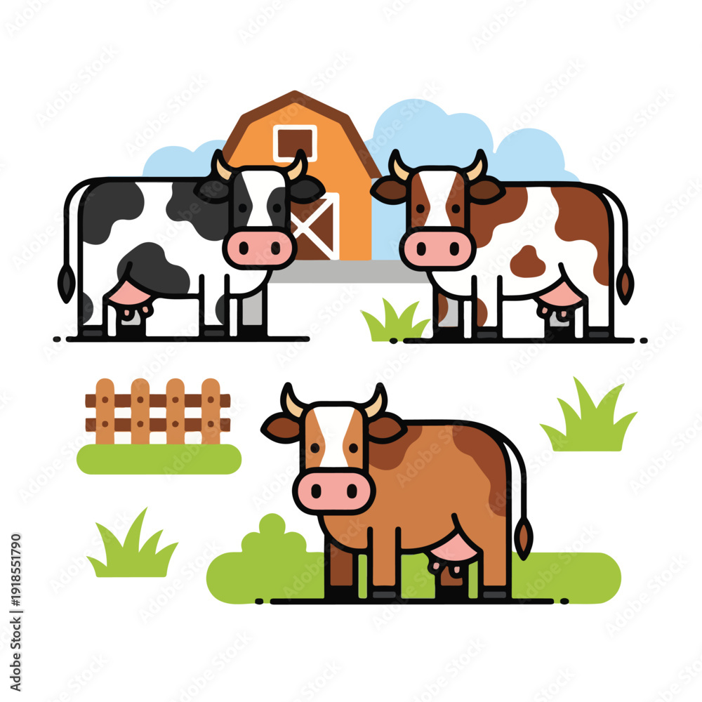 Fototapeta premium Colorful cartoon cows in a farm setting with a barn