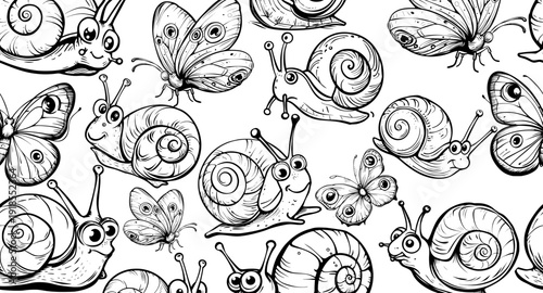Illustration vector cute snail pattern, animal, cartoon, background, nature, design, wallpaper, character, seamless, mollusk, shell, garden, sweet, insect, baby, kid, doodle, art