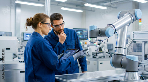 Smart Factory Engineers Collaborating with AI Robotic Arm, Industry 4.0 Manufacturing and Digital Transformation Concept
