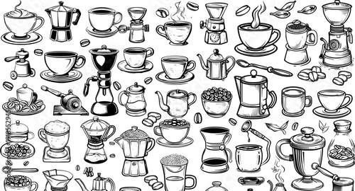 Illustration vector coffee pattern, background, seamless, design, wallpaper, cafe, beans, drink, texture, beverage, aroma, espresso, morning, wrapping, fabric, brown, art, caffeine, menu, element,