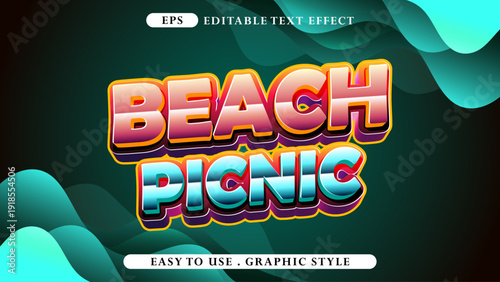 Beach Picnic" editable 3D text effect featuring vibrant gradients and dynamic shadows on an abstract wavy background, perfect for summer vacation themed designs and eye-catching graphic projects